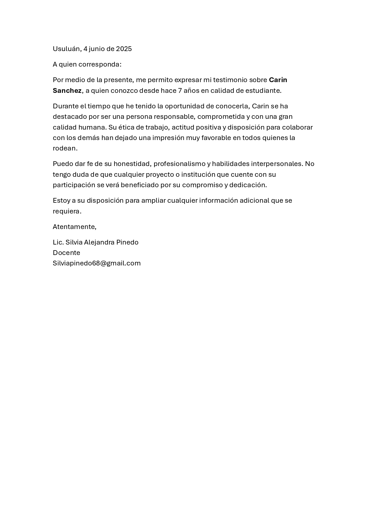Carta de testimonio 4